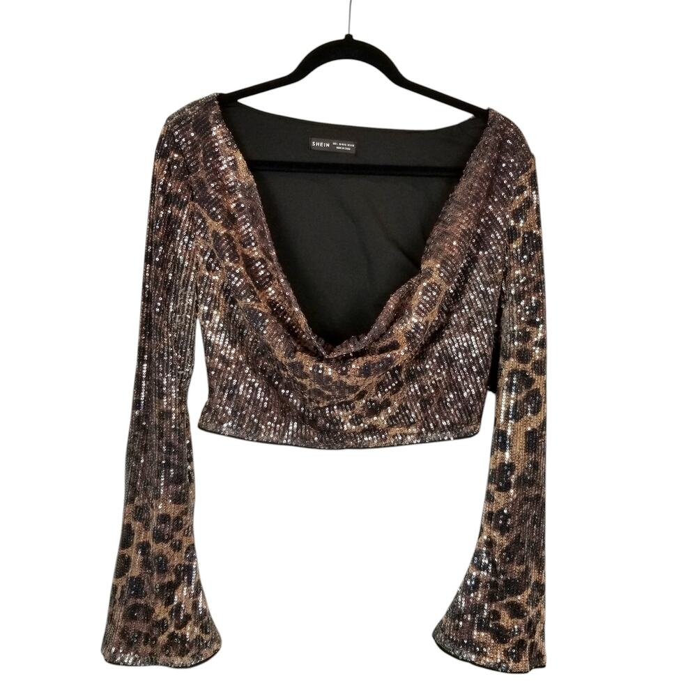 Shein Leopard Print Sequin Cowl Neck Cropped Top Bell Sleeve Black Brown Large